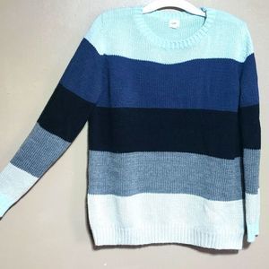 O & O so soft, acrylic 5 color block rounded neck sweater, sz M